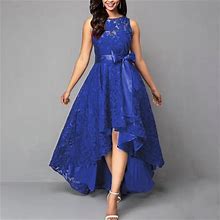 Lady's Floral Lace Sleevesless High Low Ruffles Large Swing Cocktail Dress | Waist Belted Summer Sweet Party Prom Evening Gown Dress, Blue / 2XL