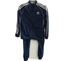Adidas Tracksuit Blue White 3 Stripe Youth M Zip Pockets Elastic Waist