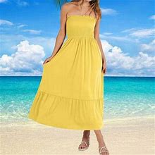 Hvyesh Travel Dress For Women, Women's Summer Strapless Smocked A-Line Boho Dress Party Maxi Dress With Pockets Yellow S