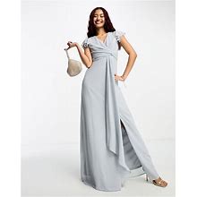 TFNC PETITE Bridesmaid Flutter Sleeve Maxi Dress In Gray-Yellow