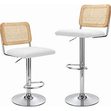 Finnhomy Modern Rattan Bar Stools Set Of 2 - Natural Woven Design, Swivel Seat, Footrest, And Cane Backrest, Height Adjustable Bar Chairs For