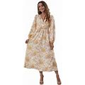 Women's Casual Bobo Dress Floral Print V Neck Long Sleeve High Waist Flowy Long Beach Dresses,,XLG120492
