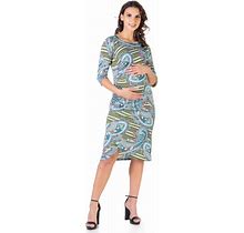 Paisley Maternity Elbow Sleeve Ruched Knee Length Dress-Multicolored-2X