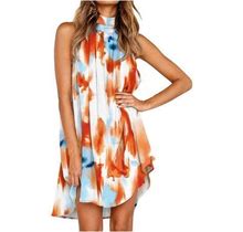 Women's Casual Halter Neck Sleeveless Floral Mini Dress Loose Summer Beach Party Dress Pleated Sundress