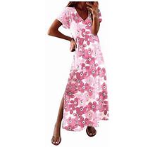 Womens Casual Printed Short Sleeve Smocked Flowy Tiered Party Dress Beach Maxi Dress Sexy Summer Boho Floral Formal Sundresses Wedding Guest Prom Body