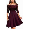 Missmay Womens Vintage Floral Lace Half Sleeve Boat Neck Formal Swing Dress Small Aburgundy, A-Burgundy