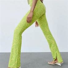 Zara High Rise Flared Jacquard Retro Print Pull On Pants Green Size Xs