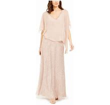 Jkara Womens Pink Beaded Attached Asymmetrical Cape 3/4 Sleeve V Neck Full-Length Evening Fit + Flare Dress 10
