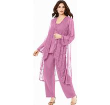 Plus Size Women's Three-Piece Beaded Pant Suit By Roaman's In Mauve Orchid (Size 40 W) Sheer Jacket Formal Evening Wear