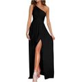 Fesfesfes Women's Spring Sexy Solid Slimming Slit One Shoulder Sleeveless High Waist Long Dresses Women Dress Clearance