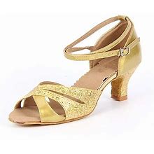 Women's Latin Shoes Ballroom Shoes Salsa Shoes Line Dance Sparkling Shoes Sandal Glitter Chunky Heel Buckle Silver Blue Gold / Sparkling Glitter / Sue