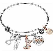 Love This Life Two-Tone Crystal Besties, Butterfly, Flower, & Infinity Charm Bangle Bracelet