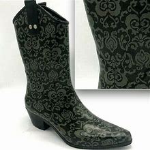 Capelli Black And Gray Lacy Floral Pattern Western Rain Boots Size 10