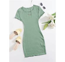 Lettuce Trim Rib-Knit Bodycon Dress,XS