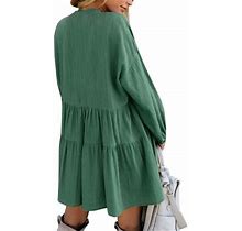 Fancyinn Women Shift Tunic Ruffle Dress Long Lantern Sleeves Babydoll V Neck Swing Mini Dark Green Cocktail St Patricks Day Dress M