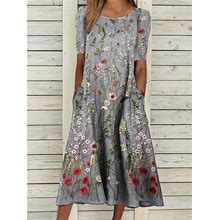 Women Loose Casual Floral Embroidery Printing Crew Neck Dress Multicolor/M