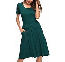 Auselily Womens Short Sleeve Pockets Empire Waist Pleated Loose Swing Casual Flare Dress Xl Dark Green