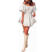 NUFIWI Women Ruffle Mini Dress Bodycon Square Neck Smocked Short Dress Lace Aline Party Y2k Dresses J Fairycore White Small