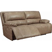 Signature Design By Ashley Ricmen Leather Adjustable 2 Seat Power Reclining Sofa With USB Charging, Light Brown