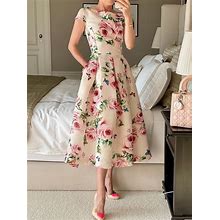 Floral Regular Fit Elegant Crew Neck Short Sleeve Midi Dress Pink/S