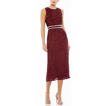 Mac Duggal Women's Sleeveless High Neck Beaded Midi Sheath Dress - Red - Size 10 - Burgundy