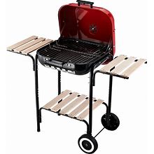 19 in. Steel Porcelain Portable Outdoor Charcoal Barbecue Grill In Red With Heat Control Vents And 2 Wooden Side Shelves