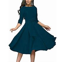 Fenjar Womens Elegance Audrey Hepburn Style Ruched Dress Round Neck 34 Sleeve Swing Midi Aline Dresses Navy Green, X-Large