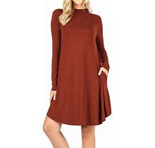 Womens & Plus Mock Neck Long Sleeve Flared A-Line Tunic Midi Dress With Pockets