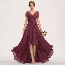 JJ's House Evening Dress Mulberry Short Sleeve Asymmetrical V-Neck A-Line 2024
