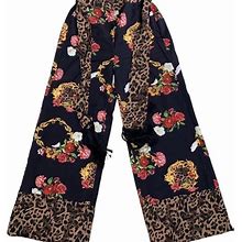 Venus Pants & Jumpsuits | Venus Wide Leg, High Waist Leopard / Floral Print Pants Belt Tassel Women's Xs | Color: Black | Size: Xs
