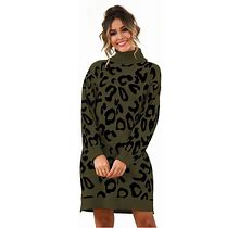 Haute Edition Women's Leopard Print Thick Knit Turtleneck Balloon Sleeve Sweater Dress,M