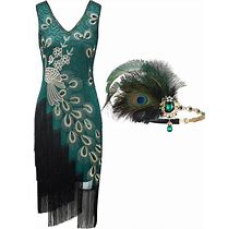 SWEETV 1920S Vintage Peacock Flapper Dresses Sequin Fringed Gatsby Dress With Headband