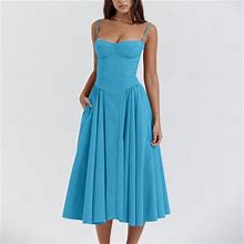 Julmcomo Womens Prom Dresses 2024 Boho Spaghetti Straps Midi Dress Sleeveless Vintage Party Dresses Flowy Ruched Beach Dress With Pockets Blue L