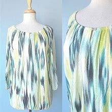 Chico's Stretch Pastel Camo Pleated Keyhole 3/4 Sleeve Casual Top Blouse Women 1