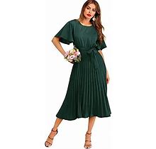 Milumia Womens Elegant Belted Pleated Flounce Sleeve Long Dress Green Medium