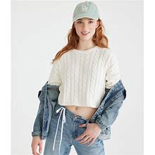 Aeropostale Womens' Cable-Knit Cropped Crew Sweater - White - Size M - Cotton