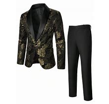 Floral Jacquard Shawl Collar Long Sleeve Suit Jacket And Pants Set For Men,M