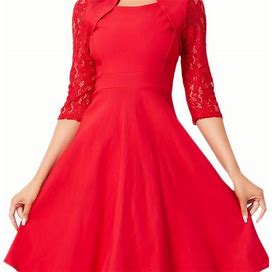 Solid Color Pleated Contrast Lace Dress, Women's Elegant Zipper Women's Clothing Midi Dress,Red,All-New,Temu