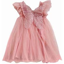 Girls' Dresses Girl's Fly Sleeve Butterfly Tulle Lace Dance Party Princess Dress Clothes Girls Holiday Dress Pink 18 Months-24 Months