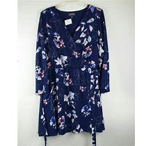 Luxology Womens Dress PLUS Sz 24W Navy Royal Floral Dplit Bell C R Ossover Neck