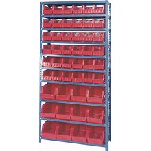 Quantum Storage Single Side Metal Shelving Unit With 48 Assorted Bins, 12in. X 36in. X 75in. Rack Size, Red, Model QSBU-230240RD
