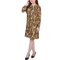 Ny Collection Petite Long Sleeve Pleated Dress - Mustard Paisley - Size P/L