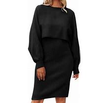 Msjuheg Womens Dresses Black Dress Women's Long Sleeve Lazy Style Fashionable Solid Knitted Dress Two Piece Medium Length Wool Dress Summer Dress Blac