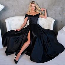 Black Satin Off Shoulder Formal Dress "Gothic Princess". Satin Lace Up Corset Bridesmaid Dress. Goth Long Black Wedding Guest Dress.