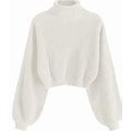 Zaful Womens Cropped Turtleneck Sweater Lantern Sleeve Ribbed Knit Pullover Sweater Jumper 2White L, 2-White, Large