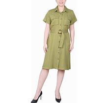 Ny Collection Petite Short Sleeve Belted Utility Style Dress - Olive Green - Size PXL