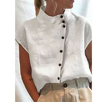 Women's Cotton Linen Stand Collar Casual Shirt White/S