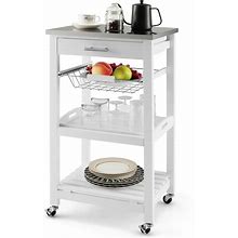 COSTWAY Rolling Kitchen Trolley Cart Steel White Top Removable Tray