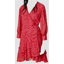 $498 Allsaints Womens Red V-Neck Animal-Print 3/4-Sleeve Remix Wrap Dress Size M