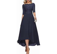 Lace Appliques Mother Of The Bride Dress 3/4 Sleeves A Line Tea Length Chiffon Formal Wedding Party Prom Gowns For Women Navy Blue